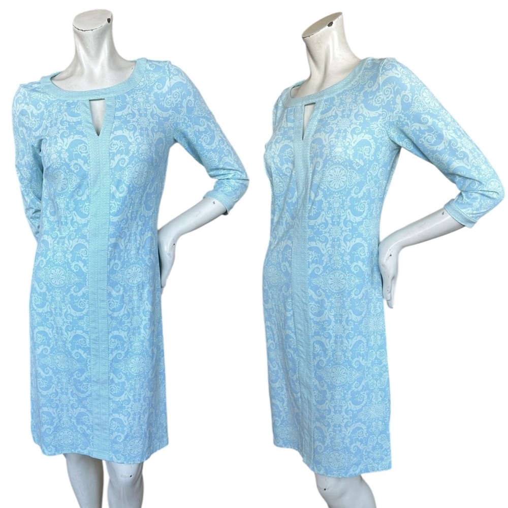 J. McLaughlin Gillian Catalina Cloth Blue Green Keyhole 3/4 Sleeve Sheath Dress